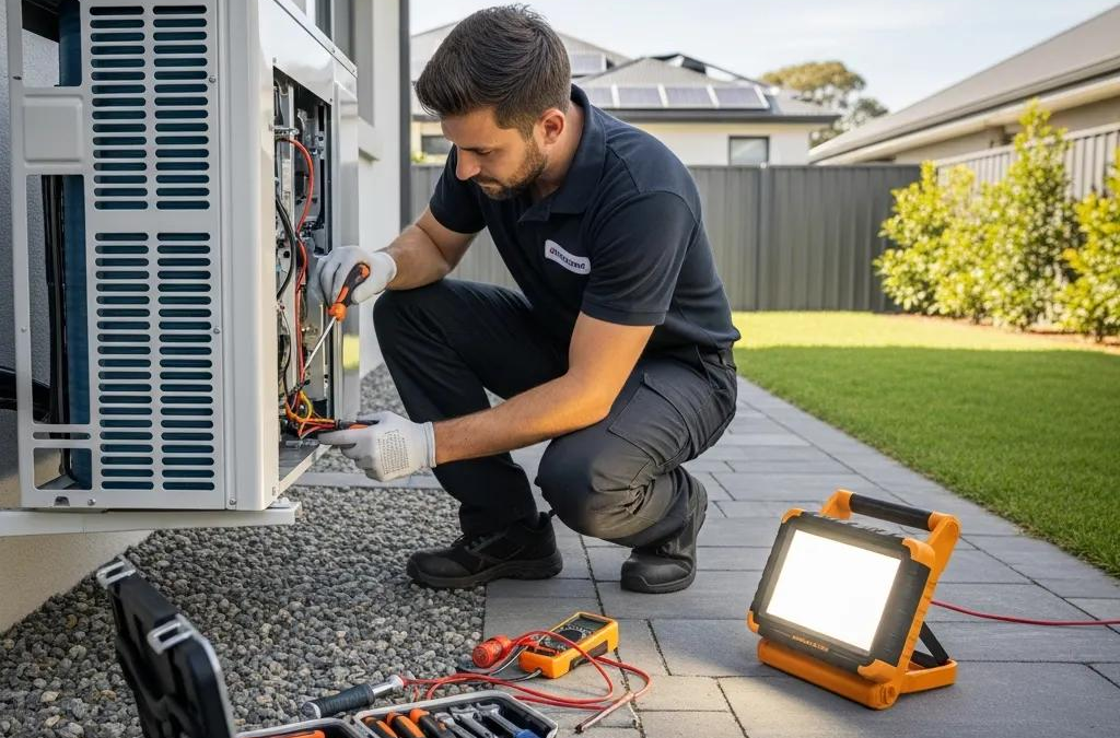 HVAC technician repairing a heating and cooling system in a home