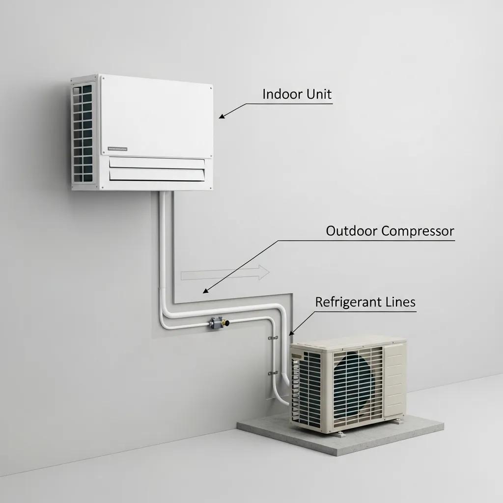 Key components of a ductless mini-split system including indoor and outdoor units