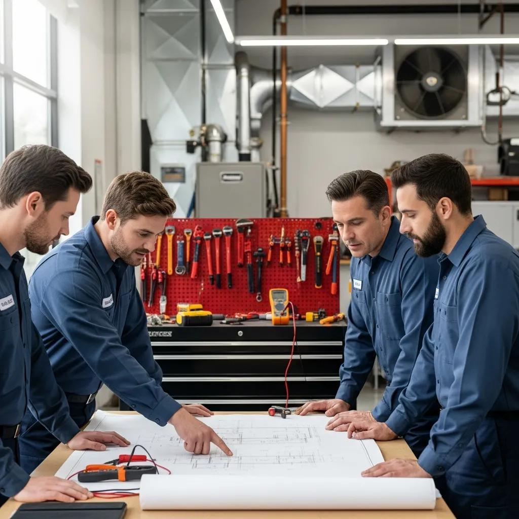 Licensed HVAC technicians collaborating on installation plans in a workshop