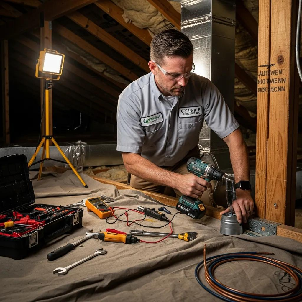 Licensed technician installing HVAC system in a Greenville home