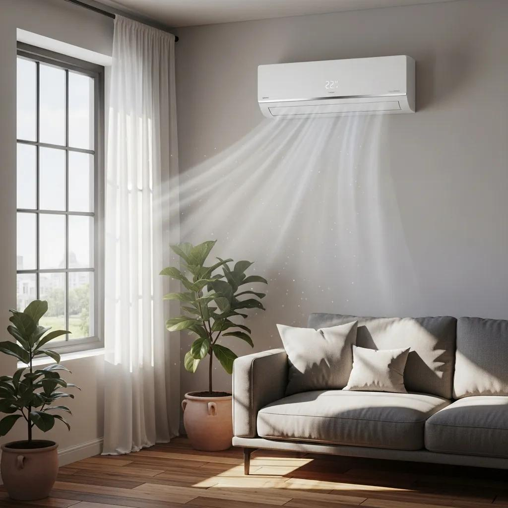 Modern air conditioning unit mounted on a wall in a stylish living room, showcasing comfort and efficiency with a cozy sofa and indoor plants.