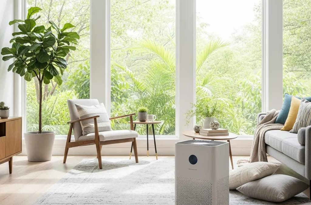 Modern air purifier in a bright living room emphasizing indoor air quality solutions