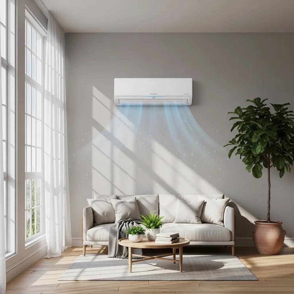 Modern energy-efficient air conditioning unit in a stylish living room