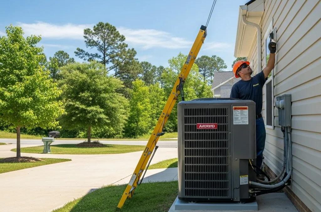 Modern heat pump installation in a South Carolina home with technician and greenery