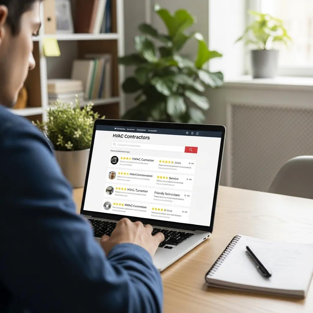 Person reading HVAC contractor reviews on a laptop in a home office