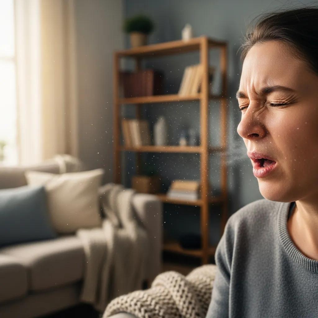 Person sneezing in a cozy home environment highlighting indoor air quality issues