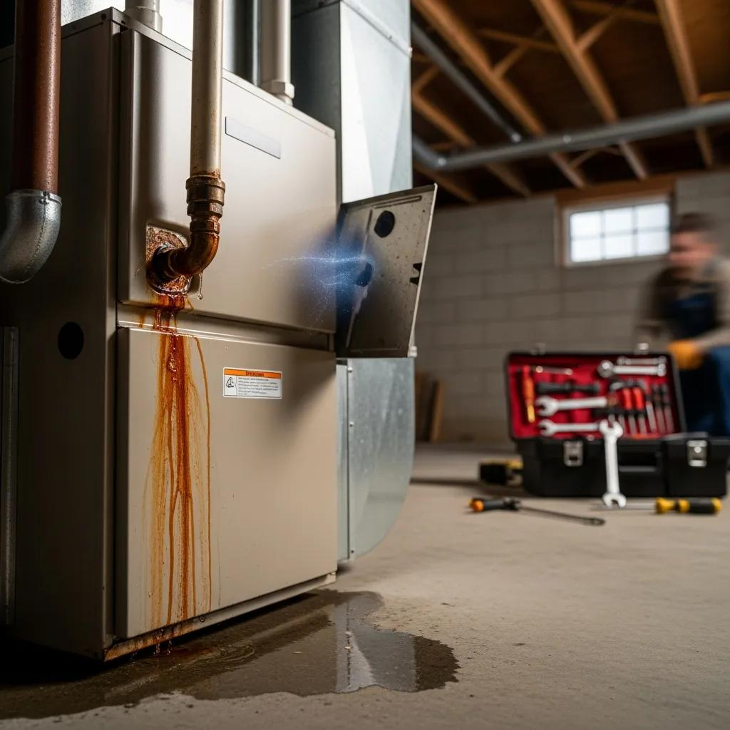 Signs of emergency HVAC repair needs including water leaks and system distress