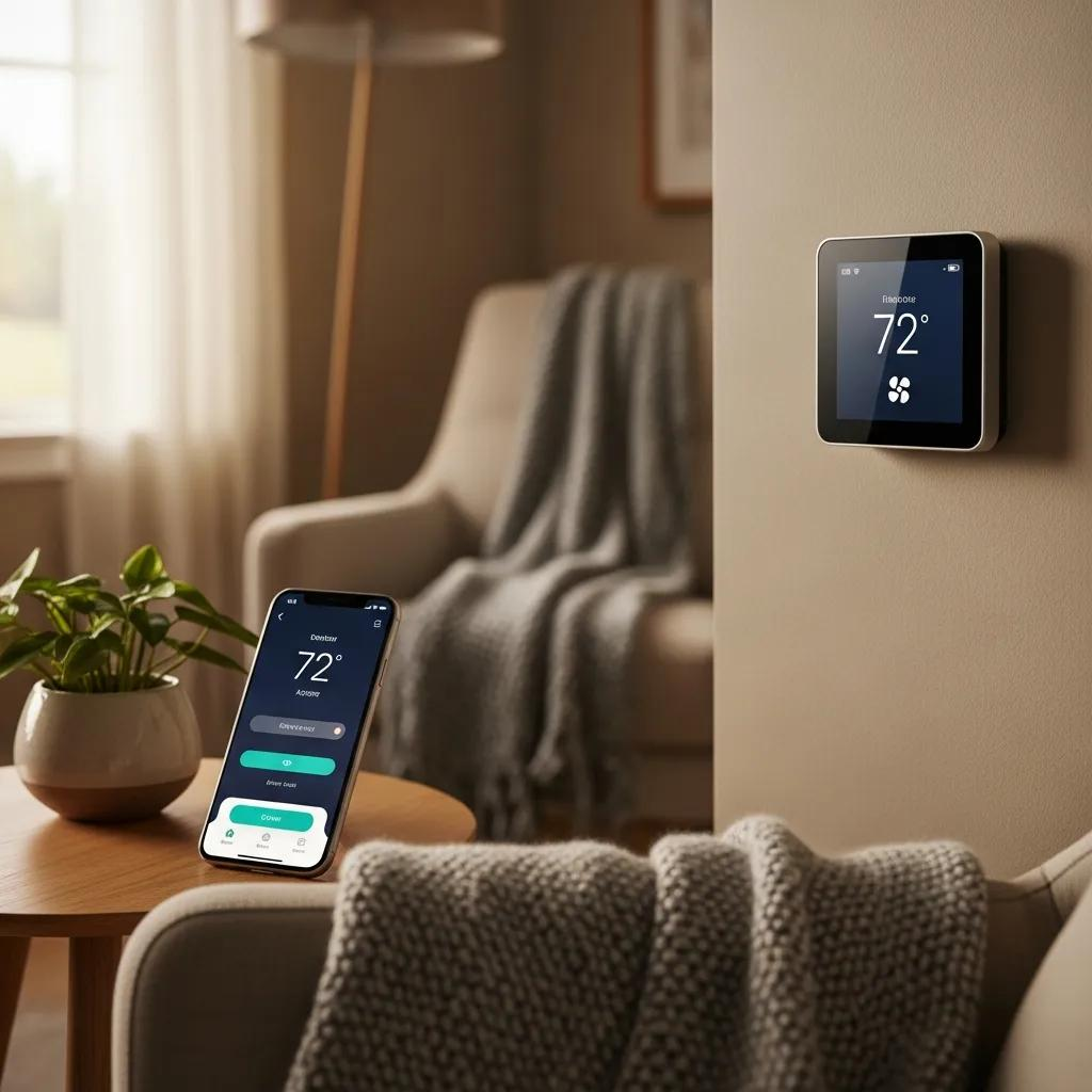 Smart thermostat in a cozy living room, showcasing integration with smartphone technology for enhanced cooling efficiency
