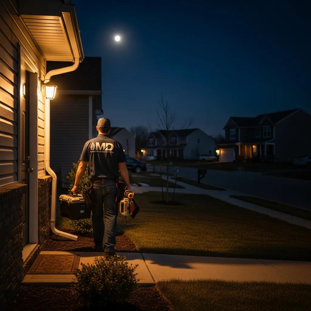 Night-time emergency service: MD Heating & Air technician arriving to restore cooling