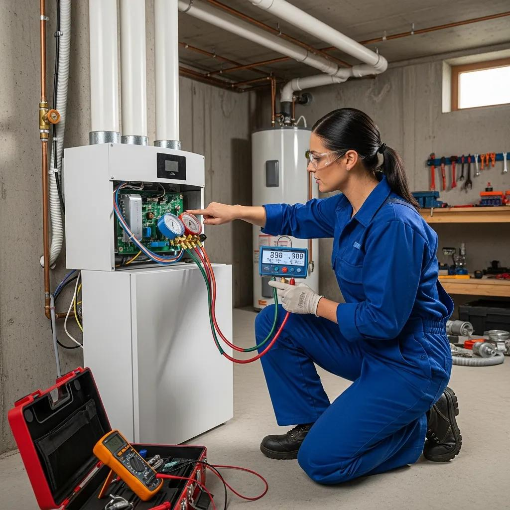 Technician diagnosing a Greenville heat pump system