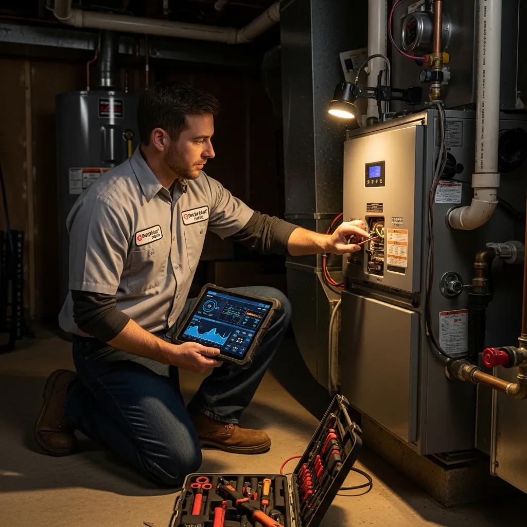 MD Heating & Air technician diagnosing a home heating system during an emergency call