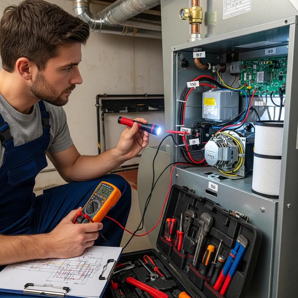 Technician inspecting a home heating system for common problems and diagnostics