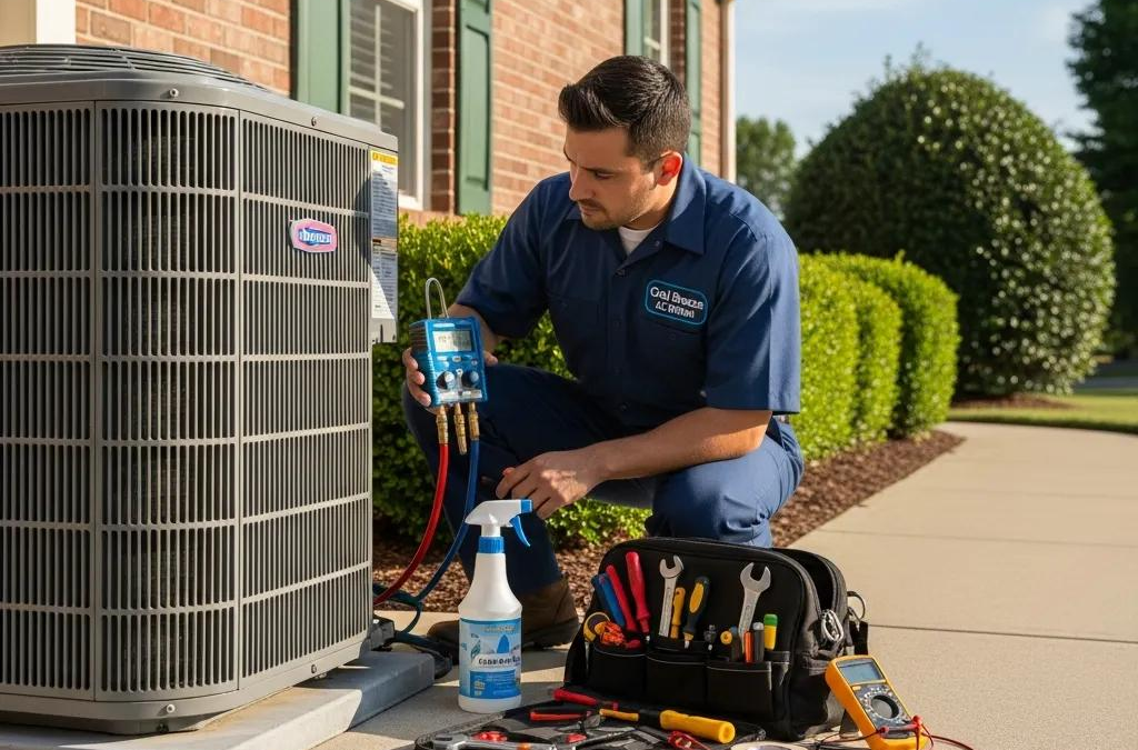 Technician inspecting an air conditioning unit in a residential setting