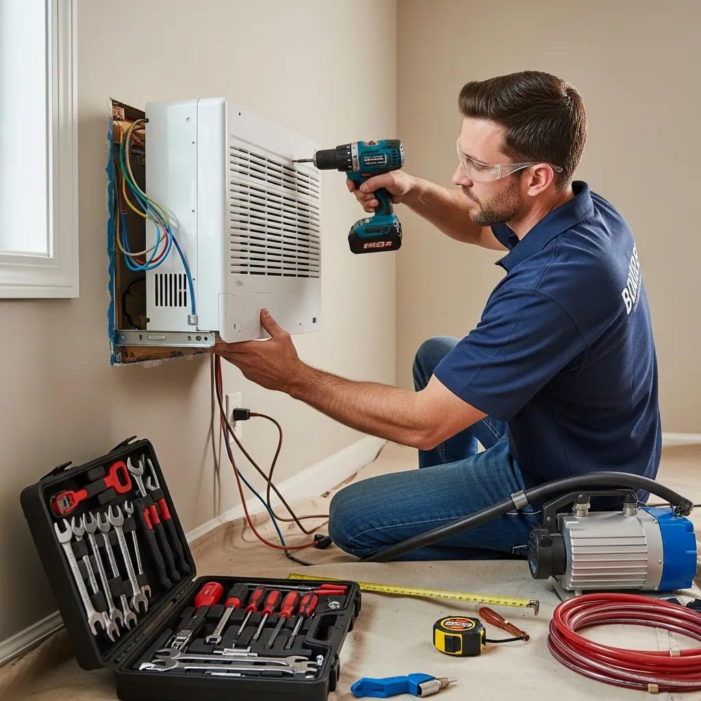 MD Heating & Air technician installing a ductless mini-split in a home