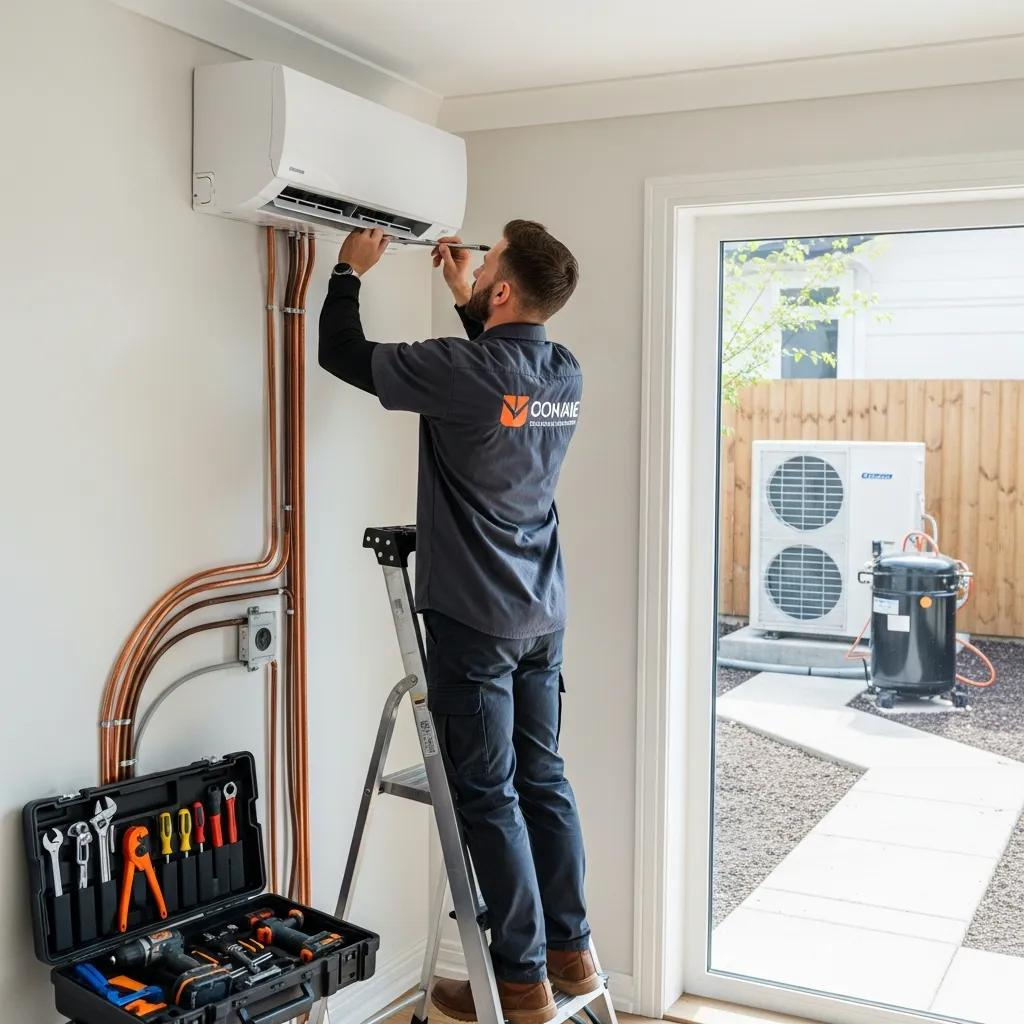 Technician installing a ductless mini split system, showcasing the professional installation process in a residential home