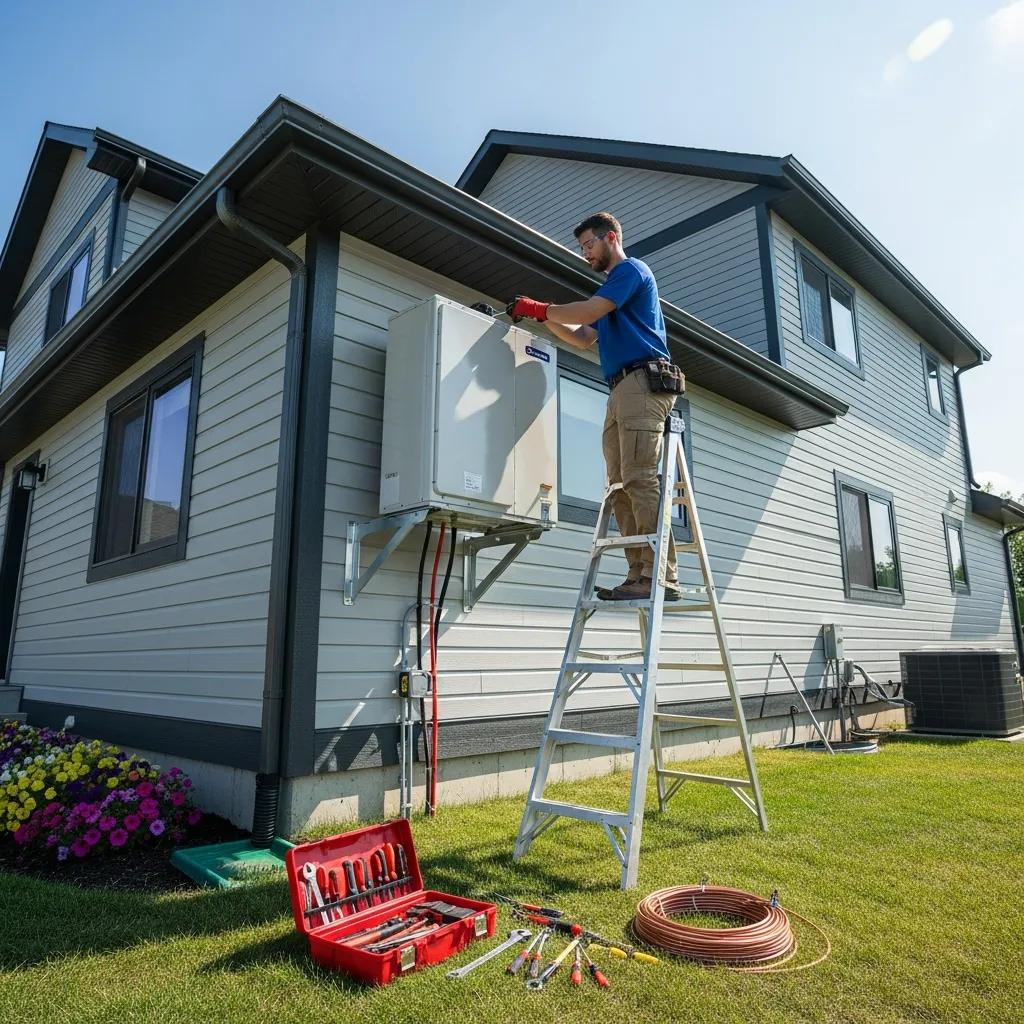 Technician installing a heat pump unit, showcasing energy-efficient heating solutions