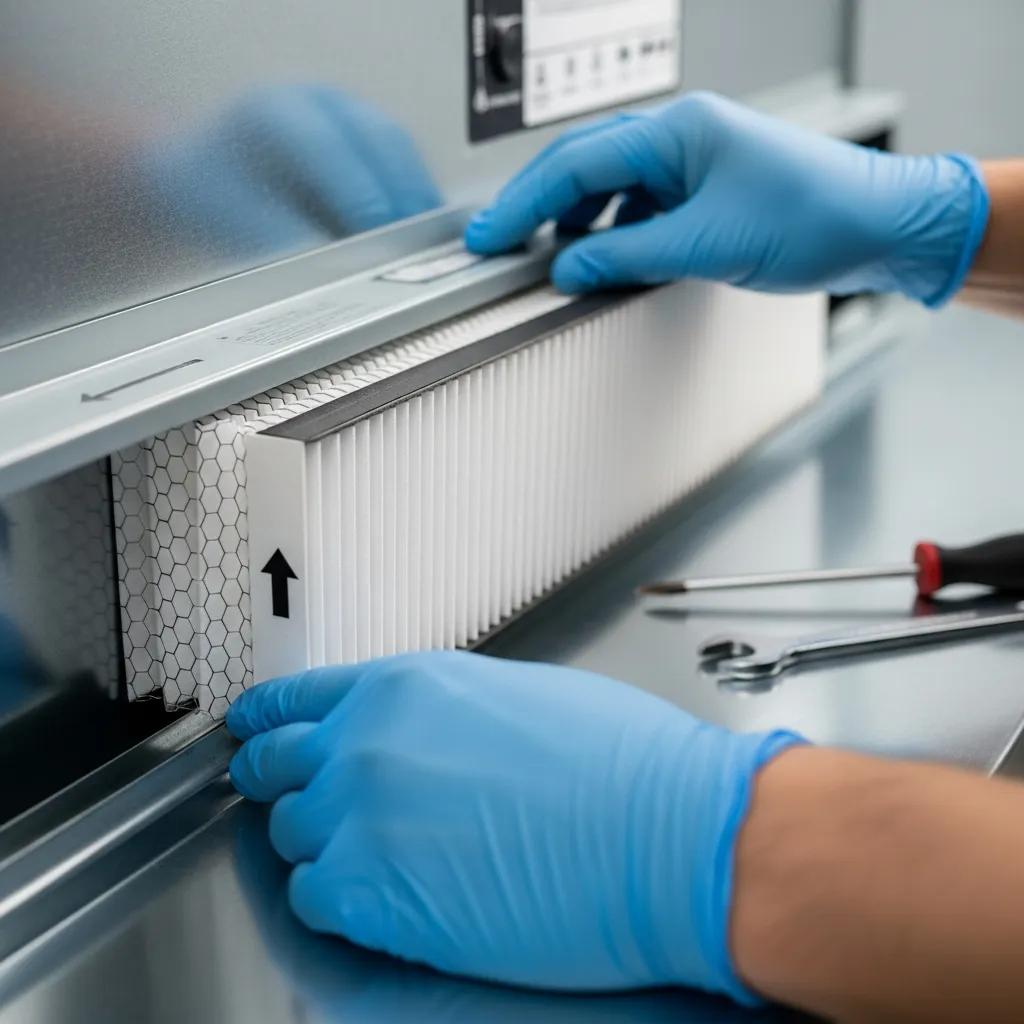 Technician installing a high-efficiency air filter in an HVAC system