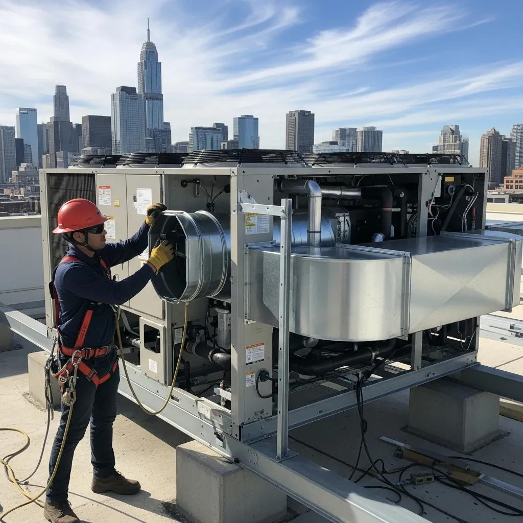Technician installing a large air conditioning unit on a commercial building rooftop