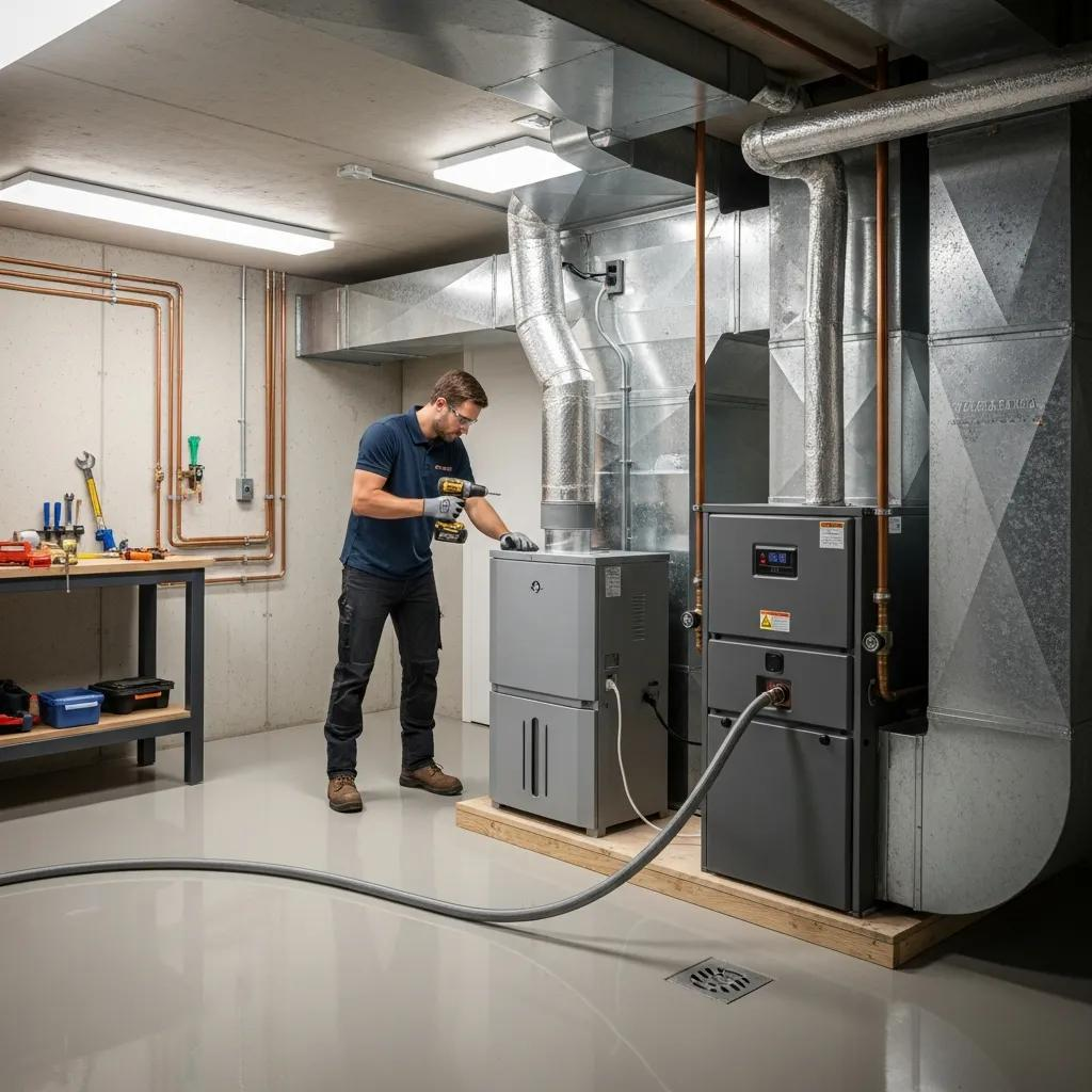 Technician installing a whole-house dehumidifier in a modern home