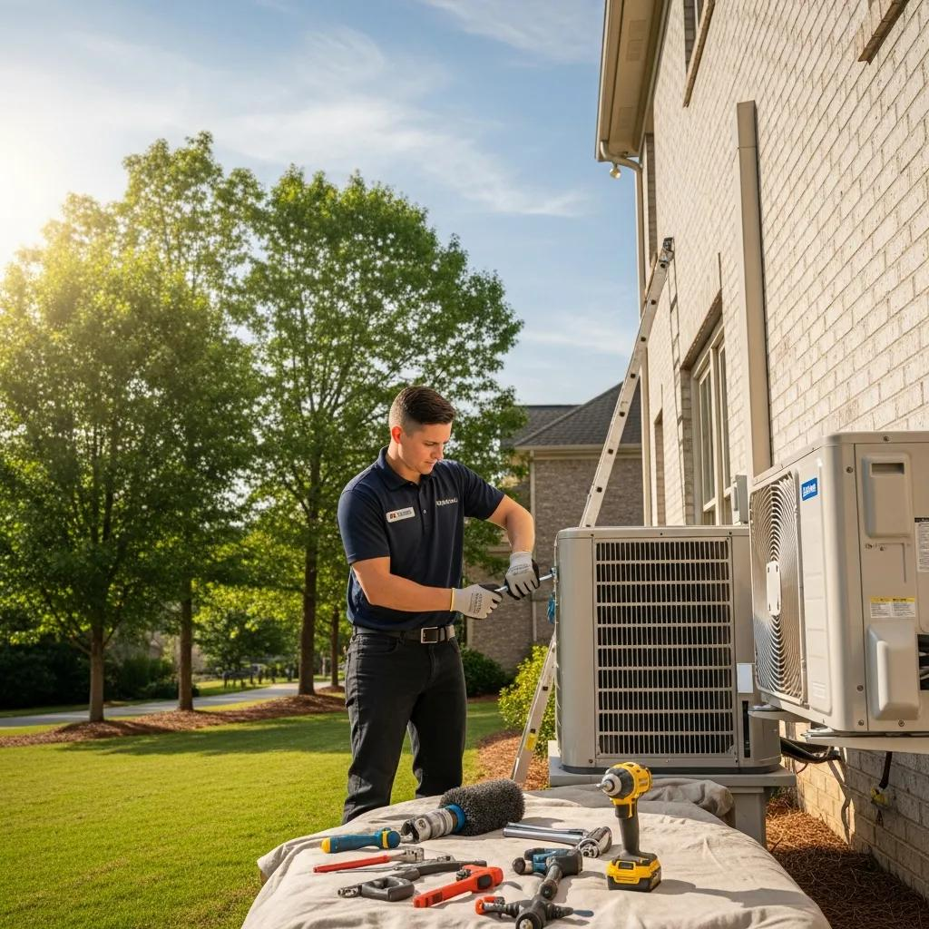 technician installing air conditioning unit in a residential home in greenville sc f642fe59 b17b 4689 86a1 bb6b01409bf8