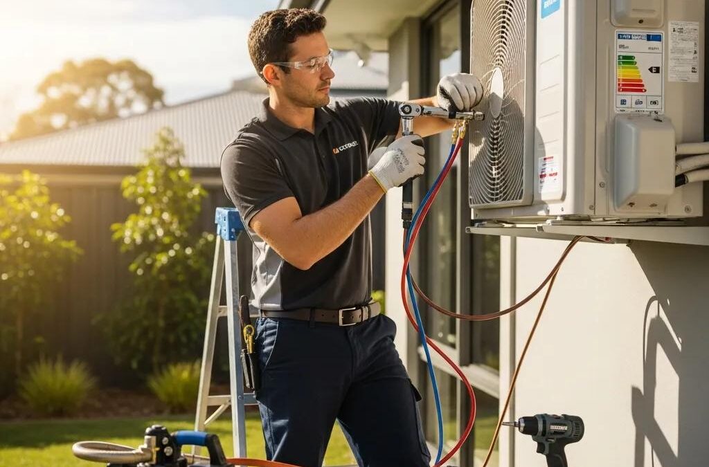 Technician installing an air conditioning unit in a modern home, highlighting comfort and energy efficiency