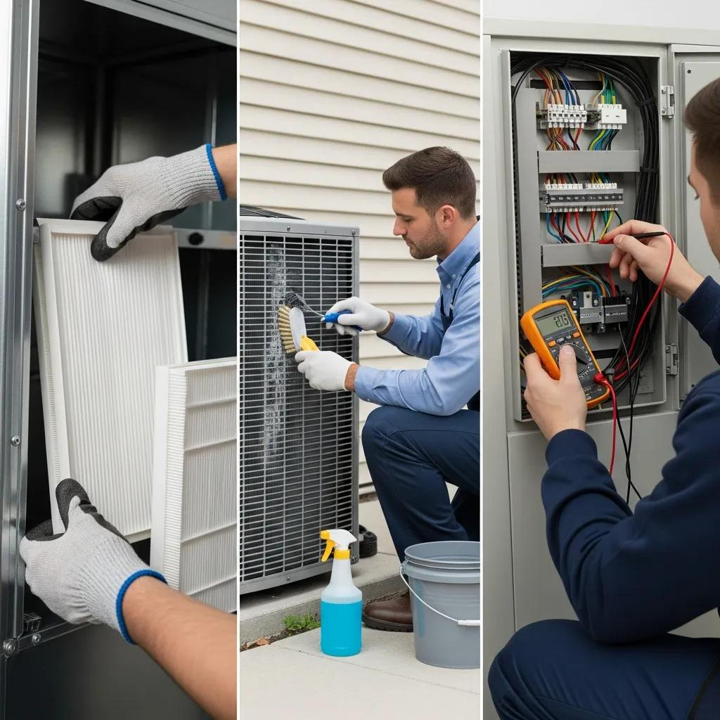 Technician performing HVAC maintenance tasks including air filter replacement and coil cleaning