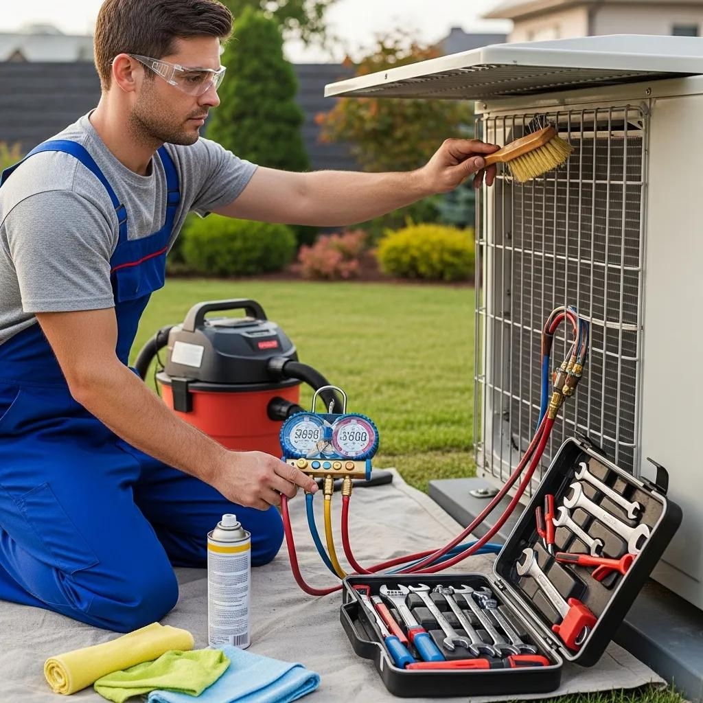 Technician performing heat pump maintenance in Greenville
