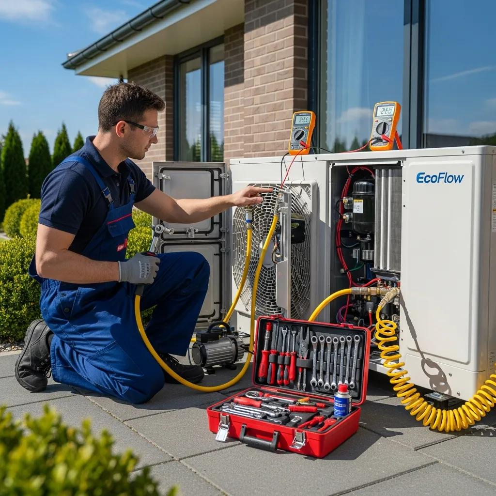 Technician performing maintenance on a heat pump unit, highlighting essential upkeep tips
