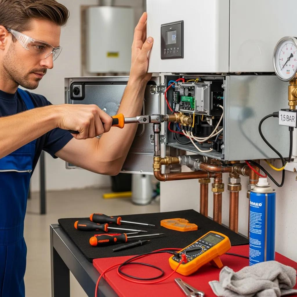 Technician performing maintenance on a heating system, highlighting essential upkeep tips