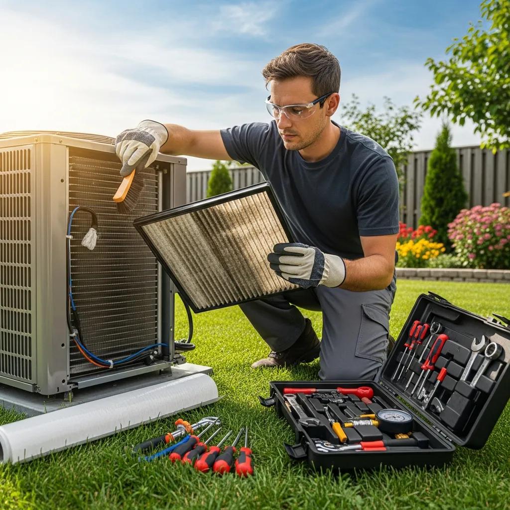 MD Heating & Air technician performing preventative maintenance on an outdoor HVAC unit
