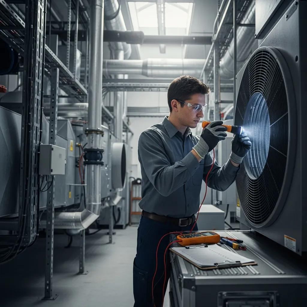 Technician performing preventive maintenance on an HVAC system in a commercial space