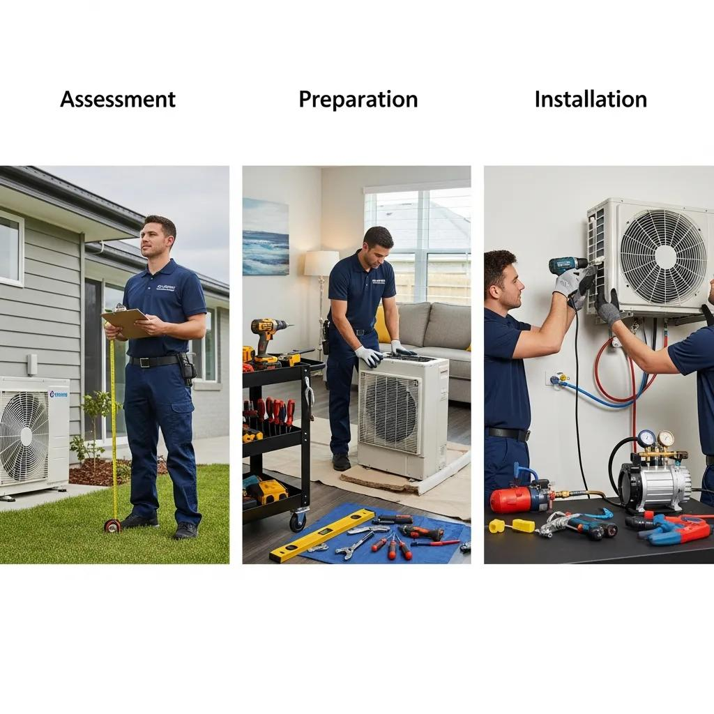 Technician performing step-by-step AC installation process in a home