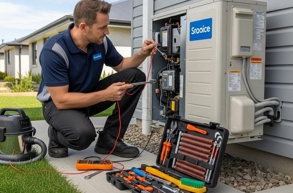 Technician repairing a heat pump in a residential setting, emphasizing HVAC expertise