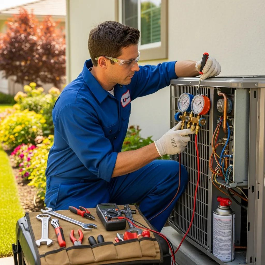 technician repairing air conditioning unit in a residential home during summer 3feba3ab 8e4d 41b9 87d1 22490fae6d72