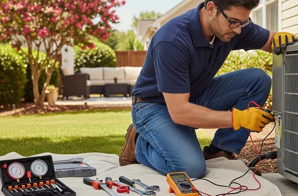 Technician repairing an air conditioning unit in a cozy Greenville home, emphasizing comfort and reliability
