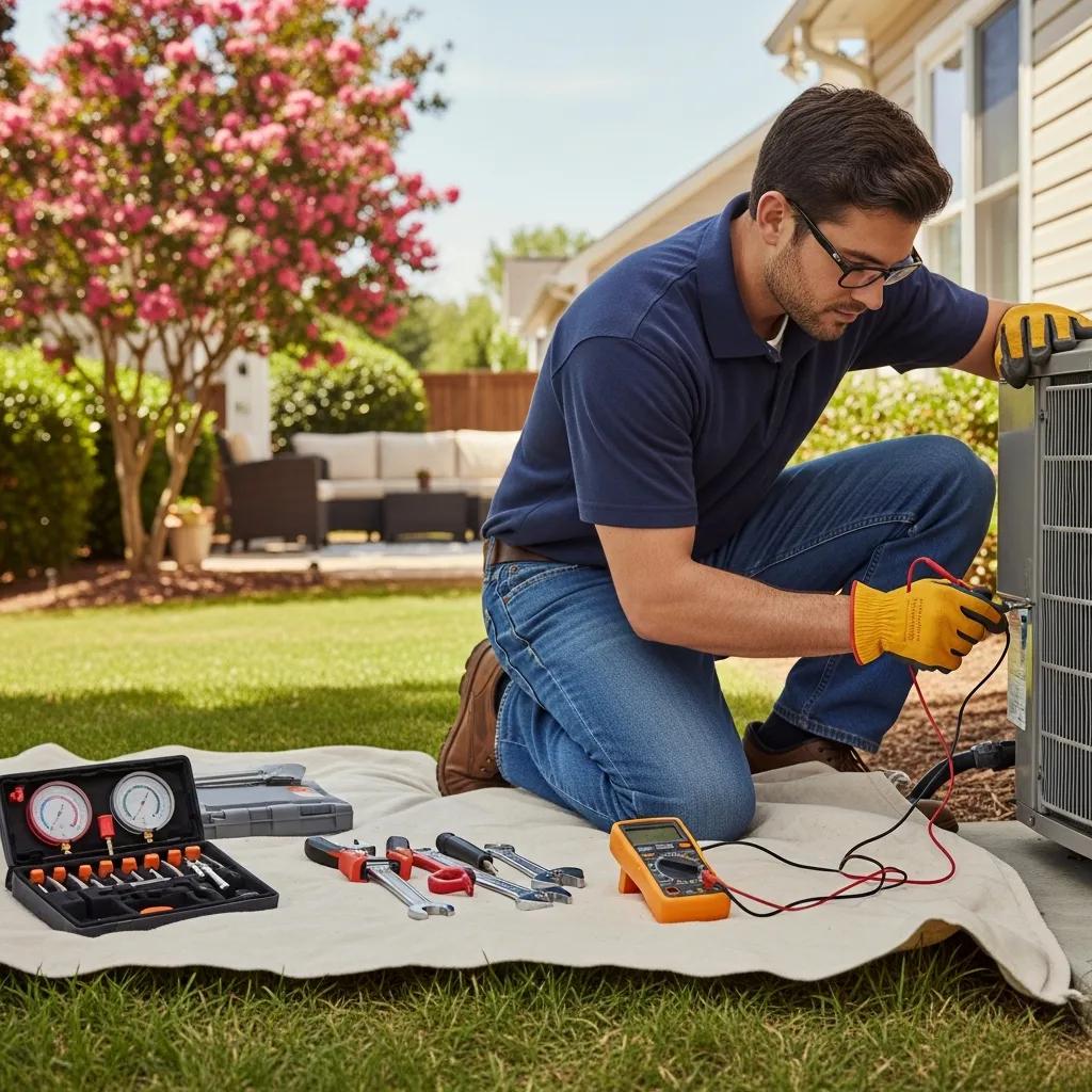 technician repairing an air conditioning unit in a cozy greenville home emphasizing comfort and reliability 3b7dc02c e51d 4321 8713 e99fdf7bae12