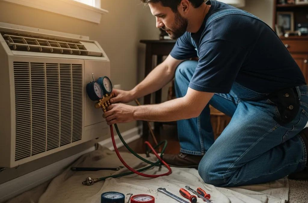 Technician repairing an air conditioning unit in a residential home during summer