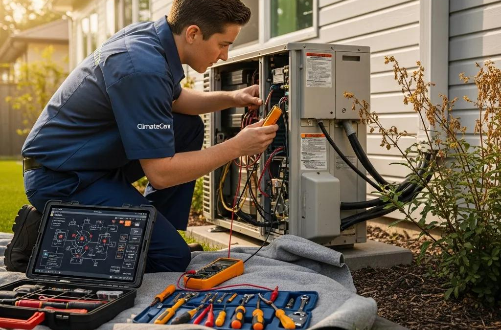 Technician repairing HVAC system in a residential setting