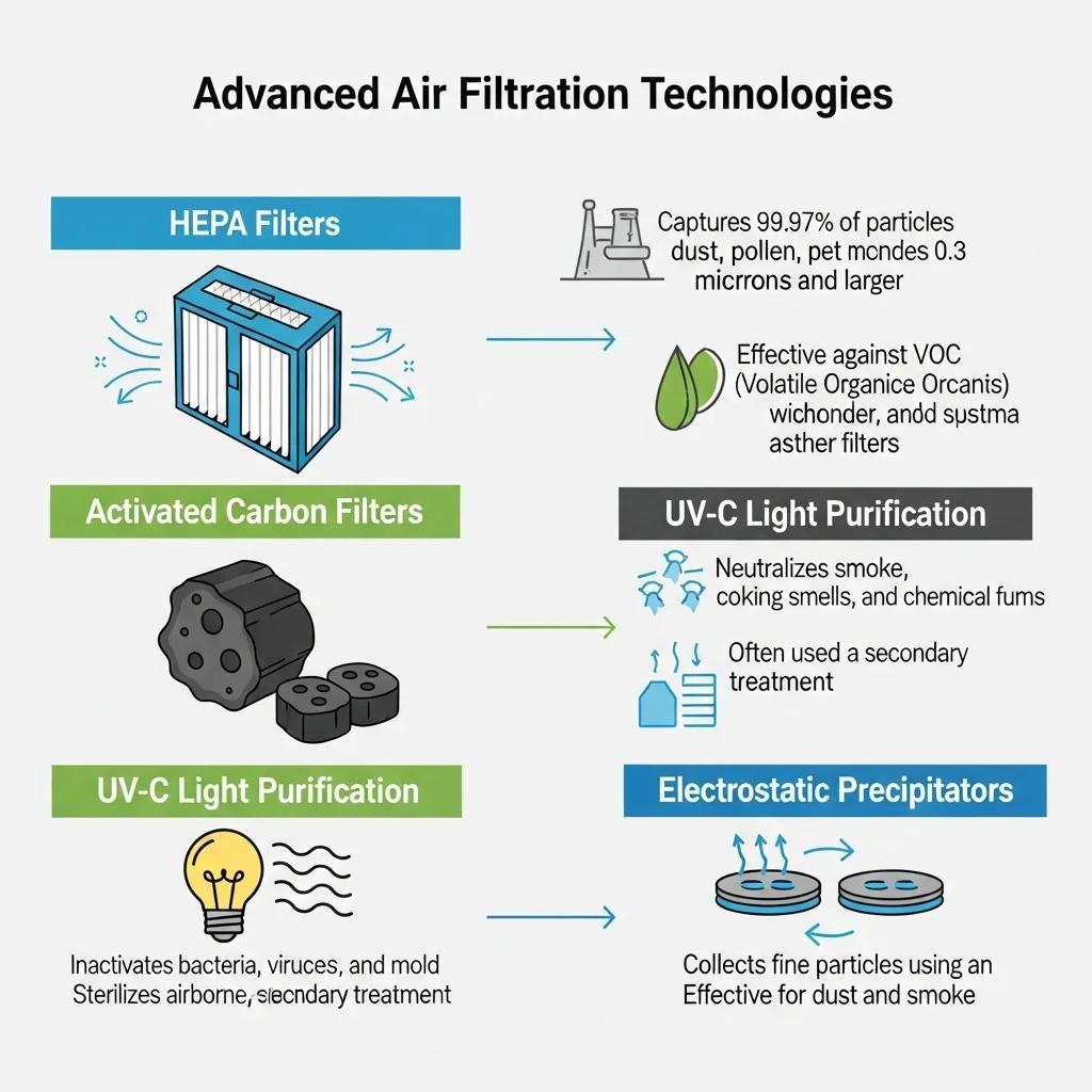 Visual representation of different air filtration technologies and their benefits
