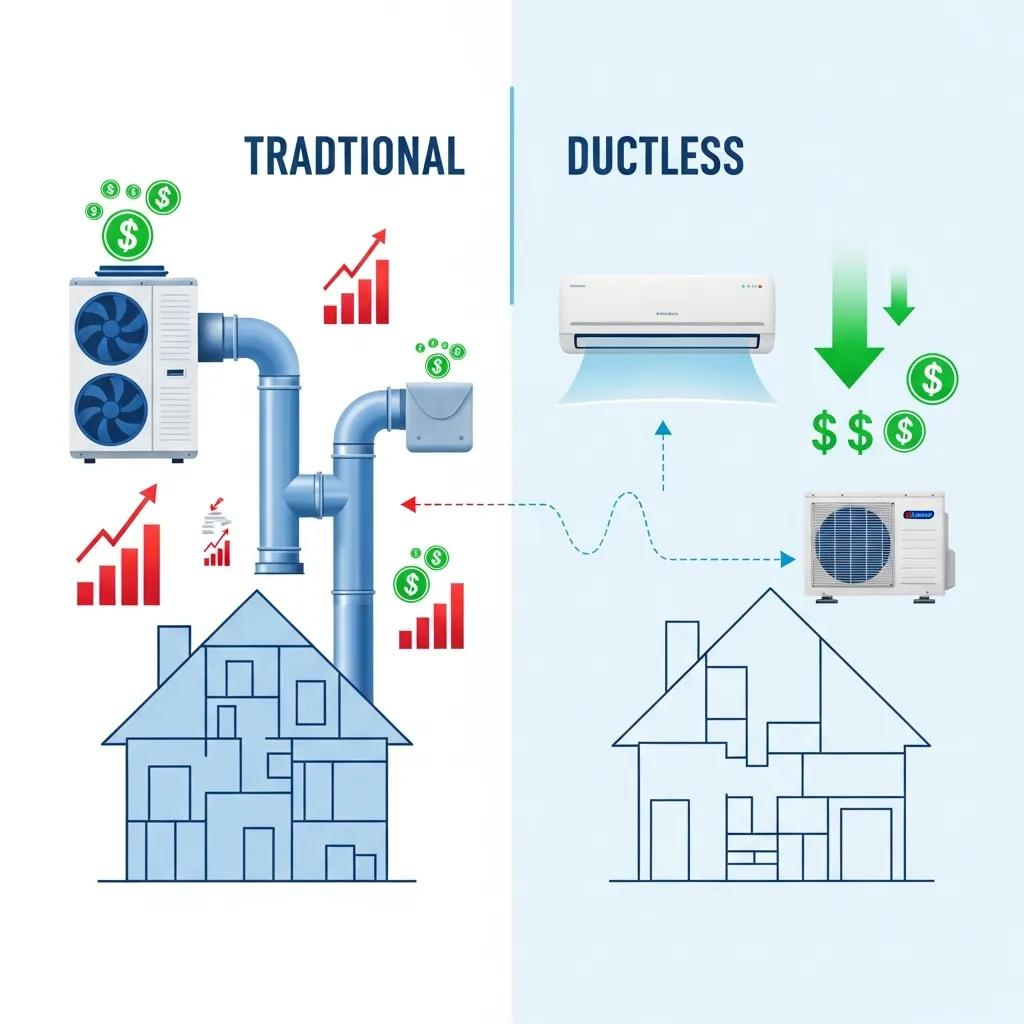 Visual representation of energy savings from ductless mini split systems compared to traditional HVAC systems