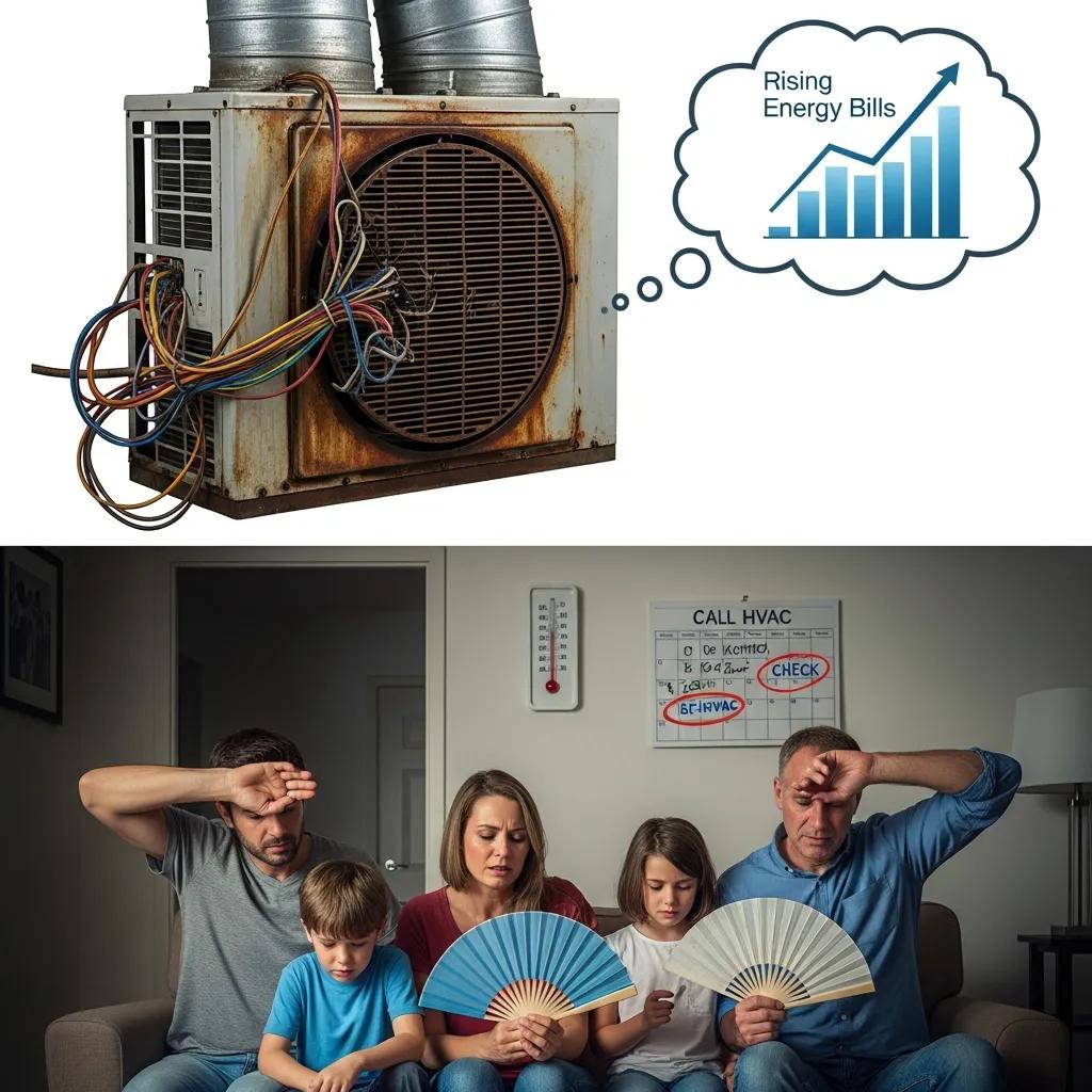 Visual representation of signs indicating an air conditioning unit needs replacement, including an old unit and rising energy bills