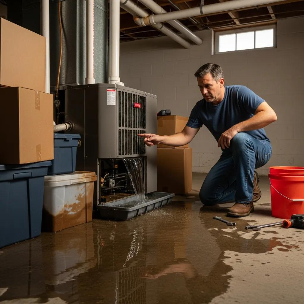Water pooling around an air conditioning unit indicating a leak in a home environment
